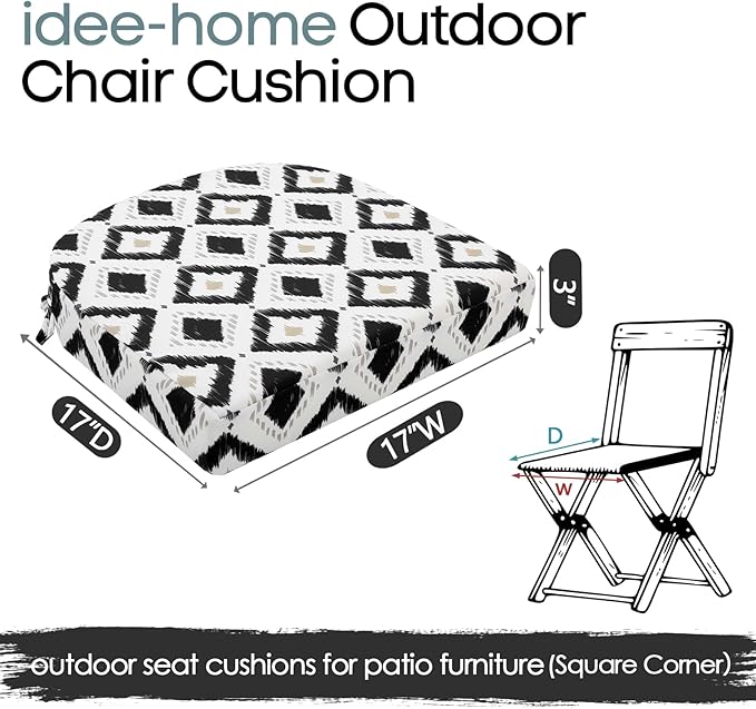 idee-home Outdoor Chair Cushions Set of 4, Thick 17" x 17" x 3" Outdoor Seat Cushions Patio Furniture Waterproof with Ties, Dining Pads