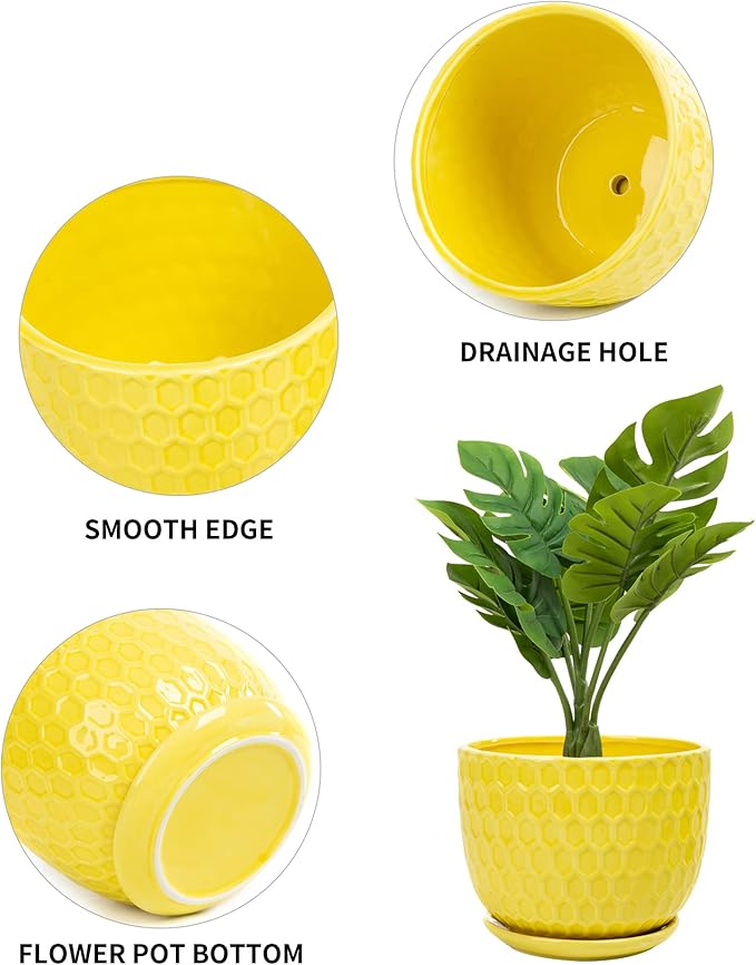 Yellow Ceramic Flower Pots with Saucers, Modern Round Ceramic Succulent Plant Pots with Honeycomb Inspired Texture Design, Small to Medium Sized, Set of 3
