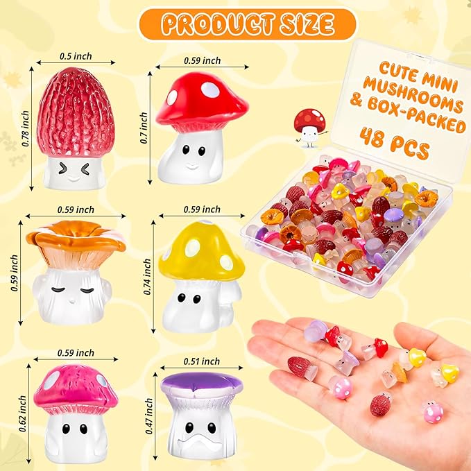 48 Pcs Mini Cute Resin Mushroom Statue Fake Miniature Mushroom Figurines for Fairy Garden Terrarium Accessories Decor Micro Landscape Craft
