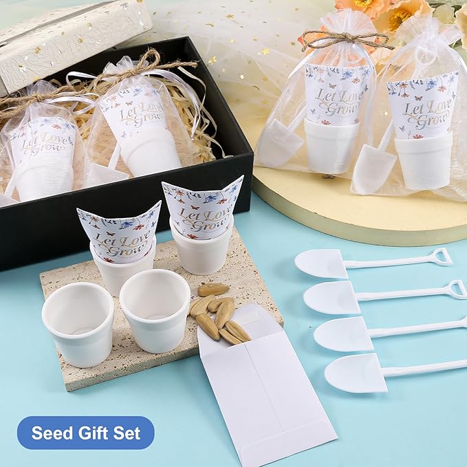 200 PCS Let Love Grow Wedding Favors for Guests Include 50 Flower Seed Packets 50 Pots 50 Organza Bags 50 Garden Shovel for Bridal Shower Wedding Party Favors, No Seeds