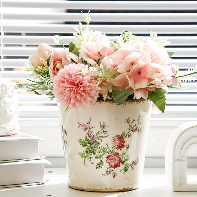 1 Pcs Ceramic Floral Plant Pots with Drainage Hole 5.5 Inch Vintage Farmhouse Accent Planter Rustic Ice Glazed Crack Flower Planter for Indoor Outdoor Home Decor (Pink Rose,Beige and Pink)