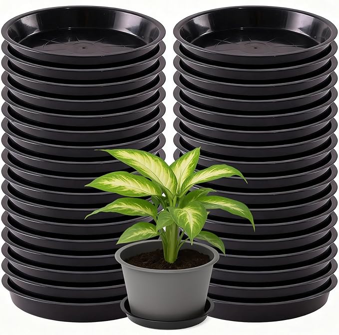 30 Pack Plant Saucer 12 Inches Plant Trays for Pots Plastic Round Drip Trays Flower Pot Saucers Black Planter Water Tray Plant Drainage Tray, Black