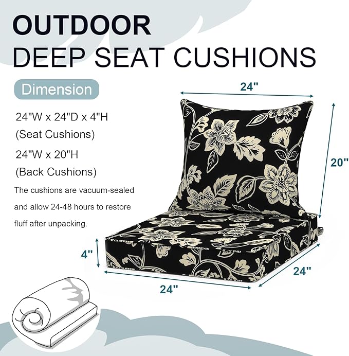 Outdoor Deep Seat Cushion Set, Water Repellent 24"x24" Patio Thick Cushions Replacement with Seat & Back Pillow for Patio Sofa, Wicker Chair, Couch - Vines Black