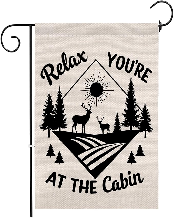 Ramirar Black Word Art Quote Relax You're At The Cabin Trees Sun Deer Decorative Garden Flag Yard Outdoor Decor Cotton Linen 12.5 x 18 Inches