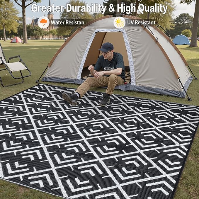 HUGEAR RV Outdoor Rug Waterproof Mat Outdoor Rugs 9'x12' for Patios Clearance Carpet Outdoor Camping Rugs Large Plastic Straw Rug(8x10ft Geometric Black&White)