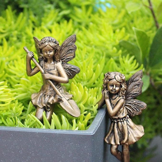 2-Pieces Asymmetrical Flower Fairy Pot Clip Pair, Vintage Bronze Finish Resin Garden Decor for Patio Planters, Outdoor Container Accent Statues