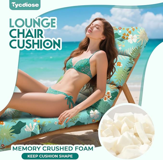 All Weather Chaise Lounge Cushions Outdoor Lounge Chair Cushion, Memory Foam Chaise Lounger Chair Cushion Waterproof for Outdoor Patio Furniture with Non-Slip Back and Ties, Cyan Floral Leaf