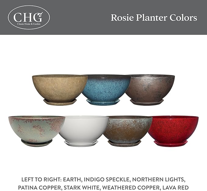 Classic Home and Garden Rosie Modern Planter w/Drainage - Contemporary Planter Bowls - Shallow Round Vases for Small Plants - Versatile Indoor & Outdoor Pots (10” Lava Red)
