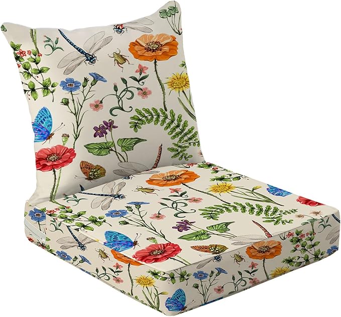All Smiles Outdoor Chair Cushions for Patio Furniture Set of 19X19 Inch Deep Seat Waterproof Resistant Replacement Garden Flowers Farmhouse Decorative Cushions for Seat Yard Garden Deck