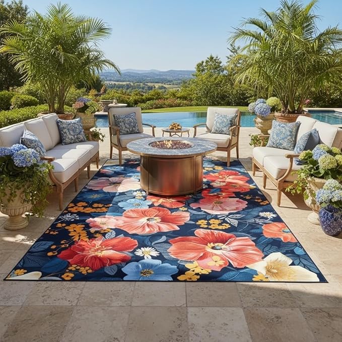 Vintage Floral 6x9 Outdoor Area Rug Country Rustic Navy Blue Red Pink Flower Pattern Outdoor Rug for Garden Backyard Balcony Patio Deck Washable Quick Dry Thin Carpet Waterproof Picnic Camping Mat