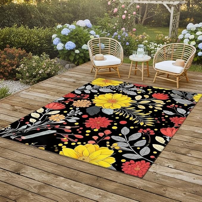 3D Visual Blooming Flowers Pattern Outdoor Area Rug 5x8 Modern Art Deco Yellow Pink Floral Outdoor Rug for Patio Balcony Garden Pool Non Slip Waterproof Outside Carpet Black Low Pile Yard Large Rugs