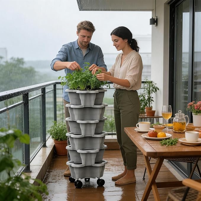 Vertical Planter 6 Tier Stackable Planter Garden Pots, Strawberry Vertical Pots, Stacking Tower Garden, Stackable Herb Flower Vegetable FlowerPots Indoor Outdoor with Removable Wheels