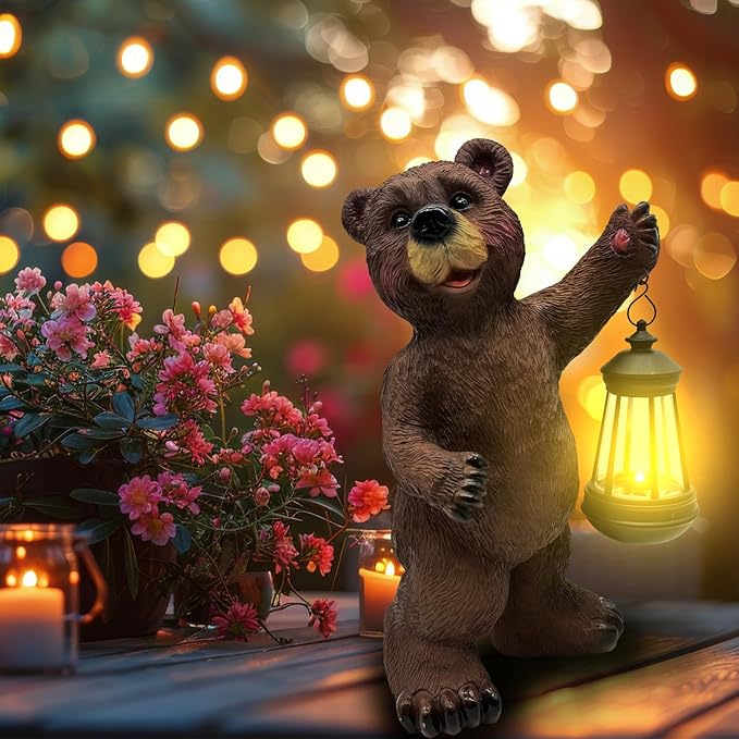 Solar Lantern Garden Statues Decor, 14" Large Outdoor Bear Figurine Lights for Yard Patio Decoration - Unique Christmas Housewarming Gift for Grandma Wowen Mom