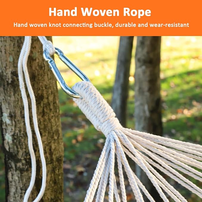 Hammock, Portable with Extension Pole, Cotton Rope Double Hammock, 770 lbs Capacity, Suitable for Patio, Backyard, Garden, and Beach (Brown, Blue, and White Stripes)