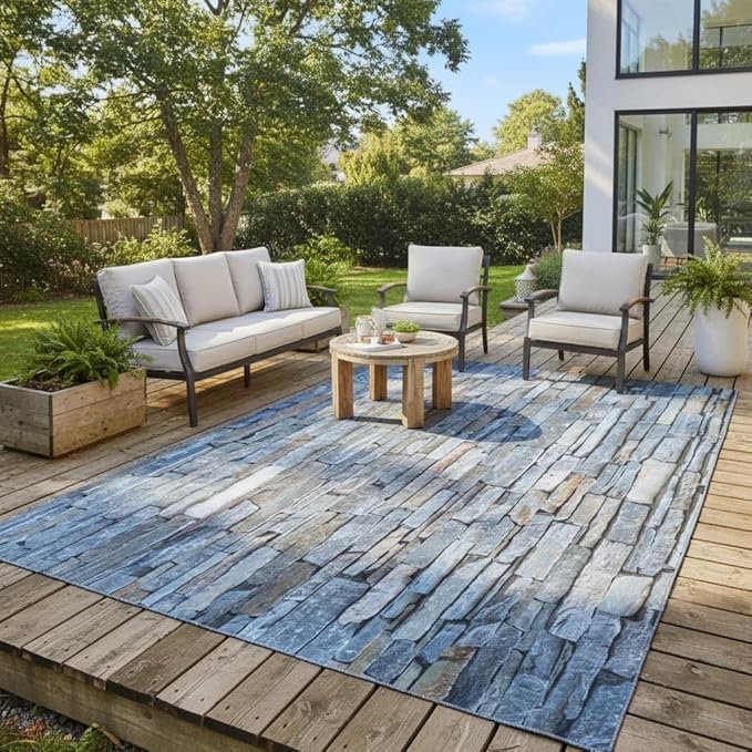 Vintage Rock Wall Stone Pattern Outdoor Area Rug 10x14 Gray Brown Stone Texture Waterproof Outdoor Rugs for Patio Courtyard Balcony Deck Garden Outside Carpet Thin Washable Stain Resistant Floor Mat