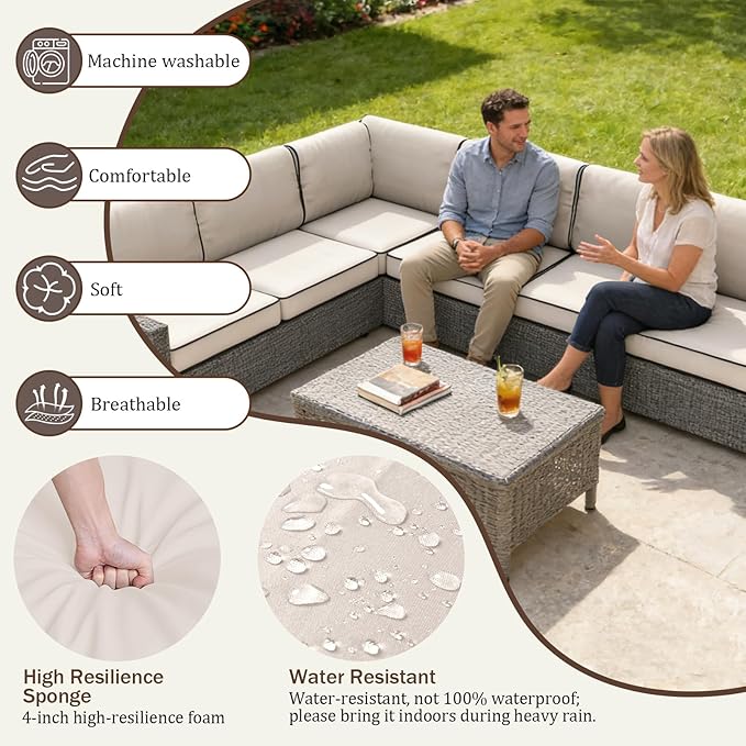 14 Pcs Outdoor Replacement Cushions for Patio Furniture, All Weather Water Resistant Cushion for 6 Seat Rattan Wicker Sectional Patio Conversation Sets and Couch (Cream+Black Piping)