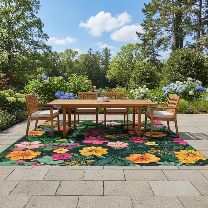 Botanical Floral Outdoor Rug 8x10 Dark Green Orange Pink Flower Texture Rugs for Patio Deck Porch Balcony Camping Waterproof Non Slip Garden Large Carpet Stain Resistant Washable Flowers Outside Mat