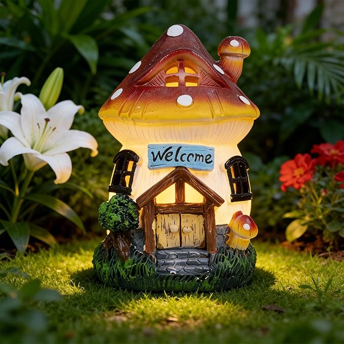 Garden Outdoor Figurines Statue with Solar Lights,Solar Mushroom House Decorations for Yard Outdoor Garden, Patio Yard Lawn, Gifts for Girls Birthday Housewarming Mother's Day (Mushroom House)