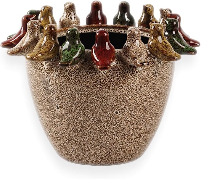 10.4 Inch Plant Pot, Ceramic Planter with Drainage Hole and Silicone Plug, Flower Pot with Ceramic Birds on Rim, Reactive Glaze, for Indoor Outdoor Plants Home Garden Patio Office