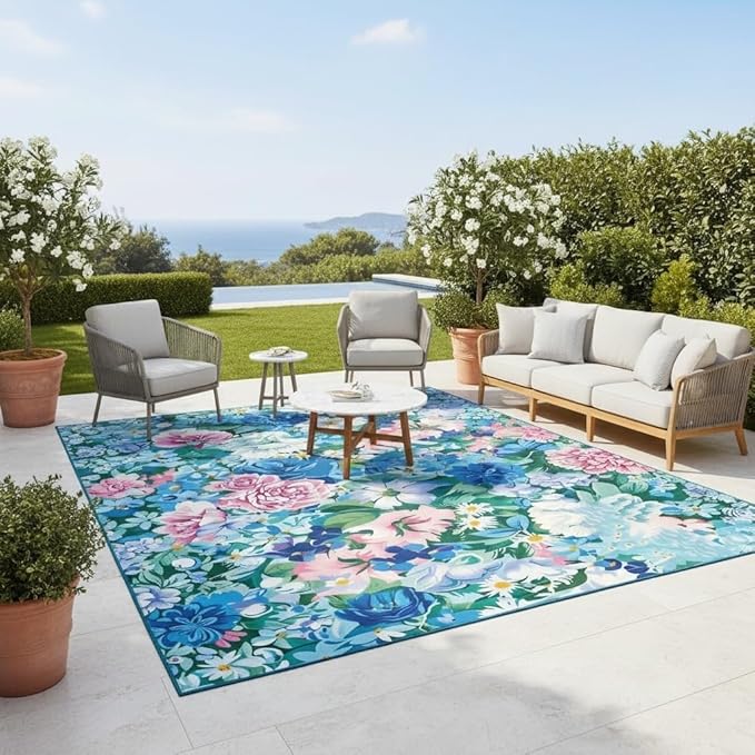 Romantic Teal Blue Pink Flower Pattern 5x7 Outdoor Rug for Patio Porch Balcony Garden Country Rustic Waterproof Washable Outside Carpet Modern Botanical Floral Indoor Outdoor Carpet Floor Covers