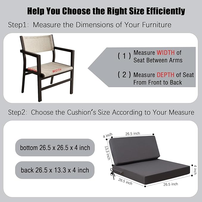 idee-home Outdoor Cushions for Patio Furniture, Outdoor Seat Cushion, Waterproof Couch Hampton Bay Deep Seat Replacement Chair Cushions for Garden Lawn Deck Backyard, 26.5 x 26.5 Dark Grey
