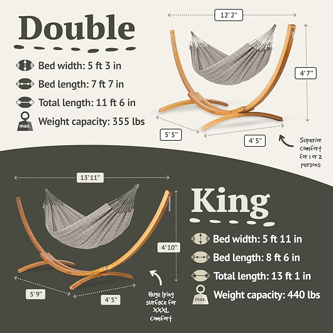 LA SIESTA® - Large Double Brisa Classic Hammock & Elipso Stand - Larch Wood Hammock Stand - Weather & Tear Resistant - Backyard Outdoor Hammock with Stand - 2-Person, Max 355 Lbs, Almond