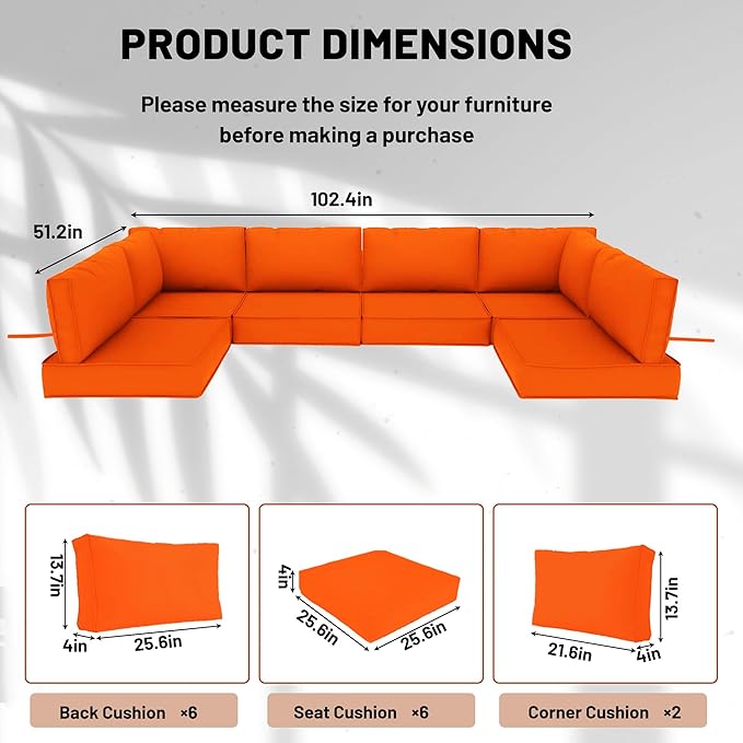 14 Piece Outdoor Sectional Cushions, Water-Resistant Outdoor Sofa Cushions Replacement, 4" High Density Foam Patio Furniture Cushions Fits 6-seat Rattan Conversation Set (Orange)
