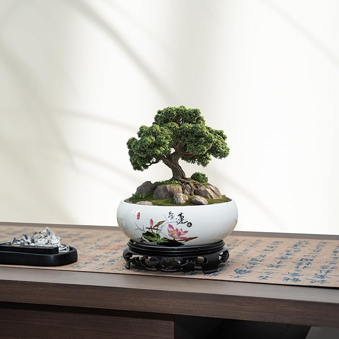 Lotus Bowl Planter - Ceramic Pots for Plants with Stand for Hydroponic Water Lilies & Bonsai Trees, Bonsai Pots Indoor/Outdoor Décor - Zen Garden & Home Art Display (White, Medium)