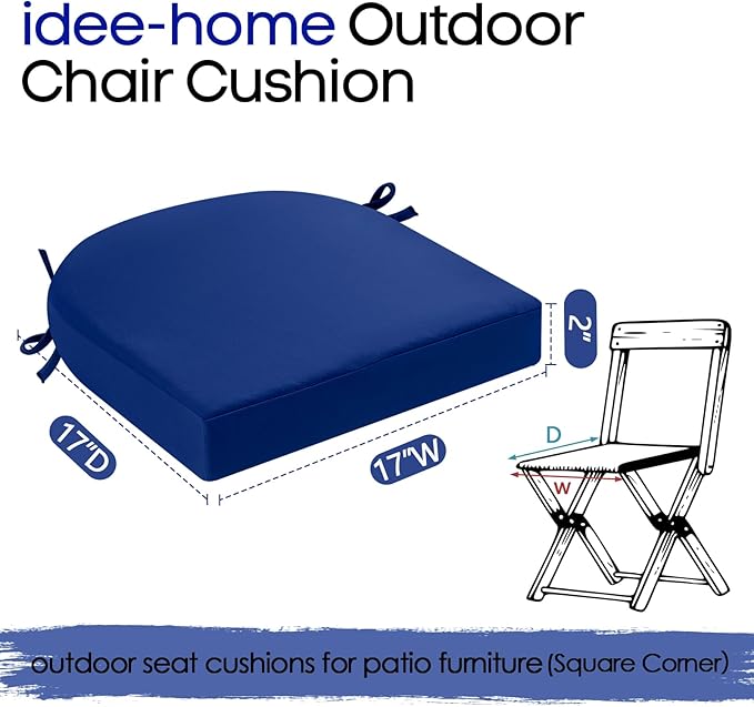 idee-home Outdoor Chair Cushions Set of 2, Thick 17" x 17" x 2" Outdoor Seat Cushions Patio Furniture Waterproof with Ties, Dining Pads