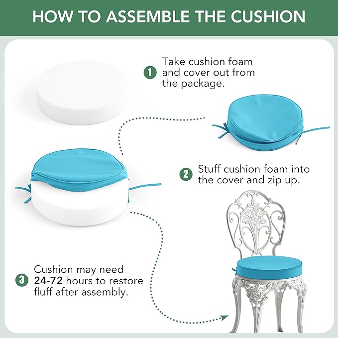 Outdoor Bistro Chair Cushions Set of 2, 15" D x 3" H Round Chair Cushions Waterproof and Fade Resistant Chair Cushion Pads with Non-Slip Ties and Removable Covers for Garden, Teal