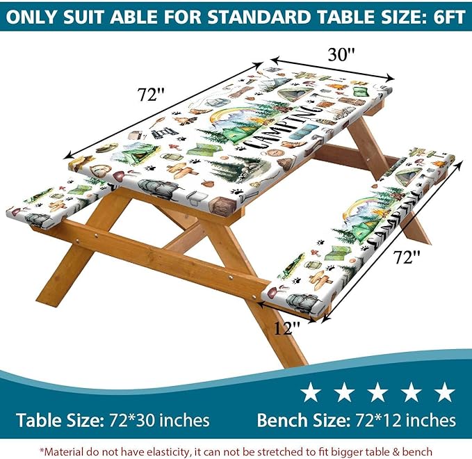 Picnic Table Cover with Bench Covers, Happy Camper RV Camping Tablecloth Fitted Picnic Picnic Table Cover with Elastic Windproof Waterproof, Outdoor & Garden Camping Accessories Essentials, 96in