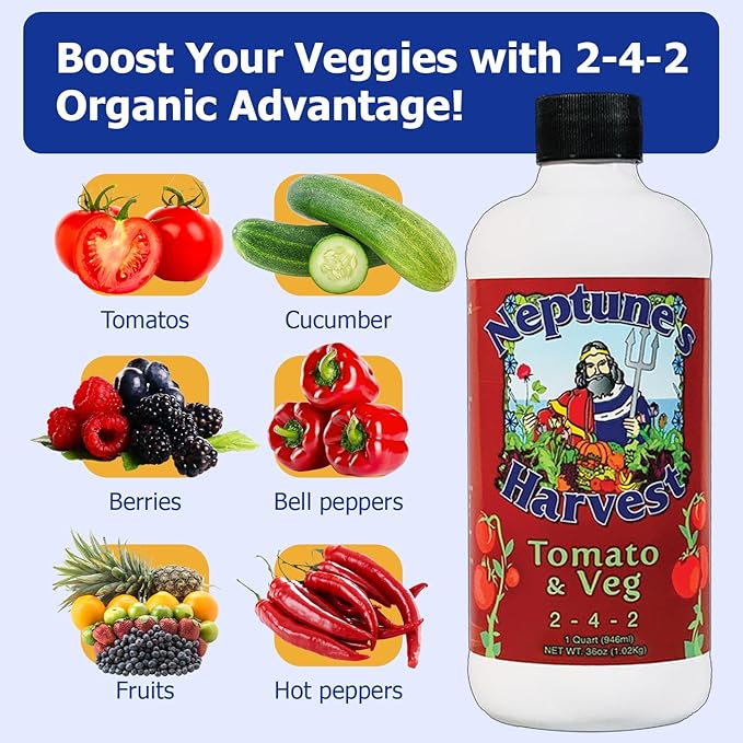 Neptune’s Harvest Organic Tomato & Vegetable Plant Fertilizer (2-4-2) - 36oz Bottle - Liquid Plant Food w/Fresh Fish, Seaweed, Molasses, Yucca Extract, & Humic Acids - for Vegetable Garden