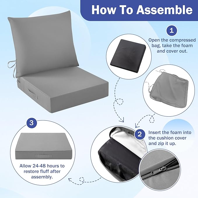 Outdoor Seat Cushion Set, Waterproof & Fade Resistant Patio Chair Cushions, Outdoors Cushion for Patio Furniture, 24 x 24 x 4 Inch, Outdoor Couch Cushions with Handle and Ties, Grey