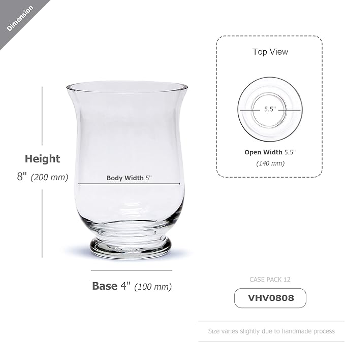 WGV Unique Bouquet Vase Bulk, 5.5" W, 8" H, Clear Short Hurricane Glass Candle Holder, Floral Planter Terrarium, Home Wedding Event Decor, 12 Pieces (VHV0808)