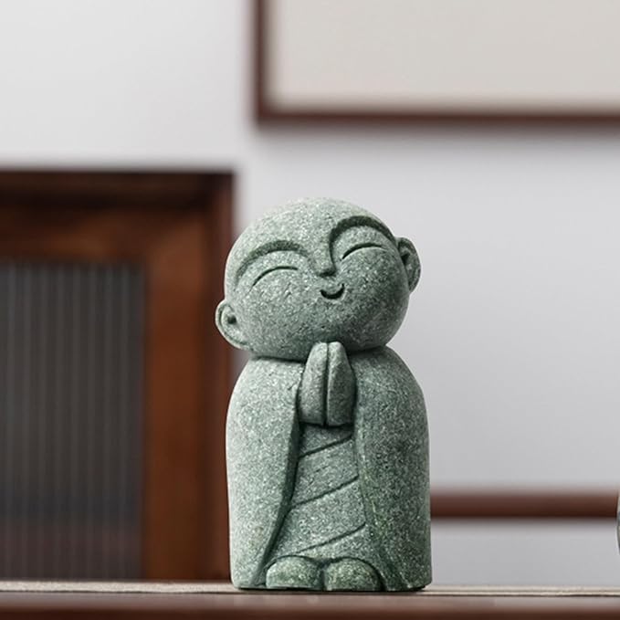 OwMell Japanese Jizo Monk Statue, Buddha Jizo Figurine Memorial Aquarium Statue Ornament - Tilt Smile