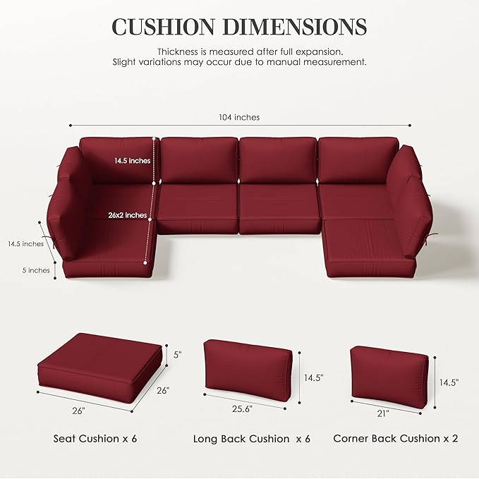Outdoor Replacement Cushions for Patio Furniture, 5" Foam High-Density, 14-Piece Water-Resistant Outdoor Cushion for 6-Seat Sectional Patio Conversation Sets, Liner&Cover