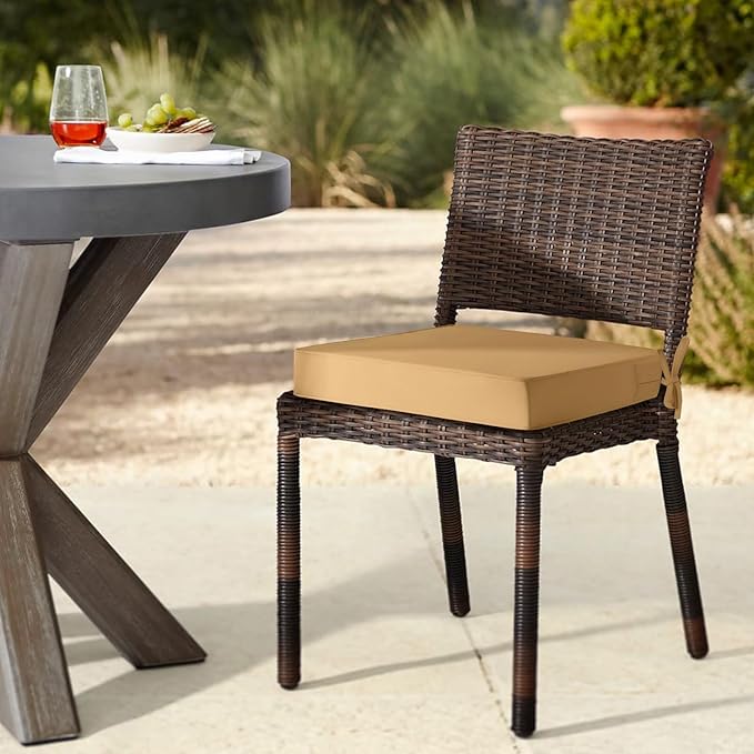 downluxe Waterproof Outdoor Chair Cushions Set of 2, 19" x 19" x 3" Patio Chair Cushion with Non-Slip Ties & Handle, Square Outdoor Cushion for Patio Furniture with Removable Cover, Khaki