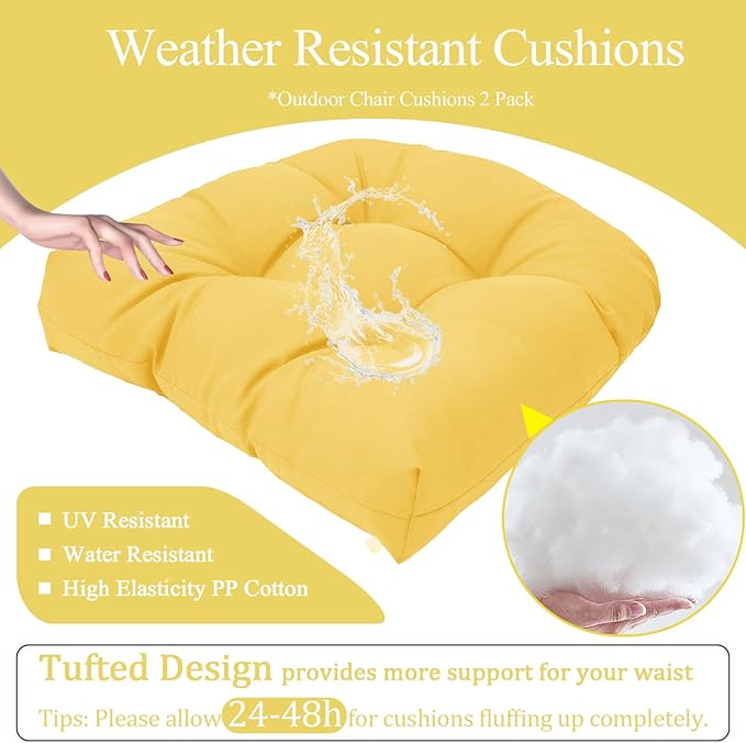 MTMR Outdoor Chair Cushions Set of 2, 19x19 Waterproof Wicker Seat Cushions for Patio Furniture, Tufted Outdoor Replacement Furniture Pad for Porch Lawn Wicker Desk Dining Rocking Chair, Yellow