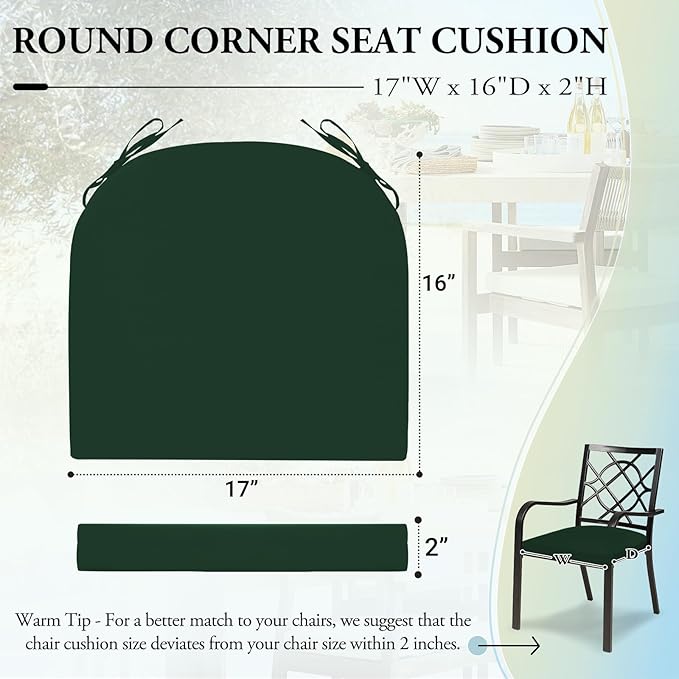 Wellsin Outdoor Chair Cushions for Patio Furniture, 3-Year Color Fastness Patio Chair Cushions Set of 2, Water Resistant Round Corner Outdoor Seat Cushions 17"X16"X2", Forest Green