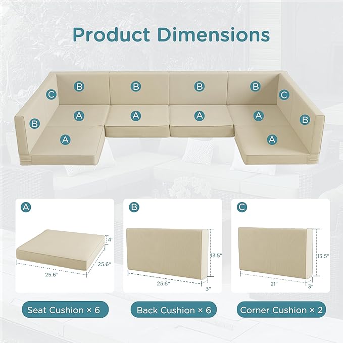 Codi 14-Piece Outdoor Cushions for Patio Furniture, 6 Seat (25.6'' x 25.6'') Waterproof Replacement Cushion Set - High-Density Foam, UV Resistant, Fits Wicker & Rattan Sectional Sofas Beige