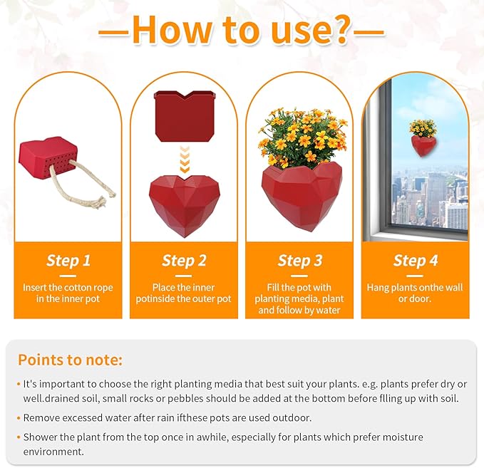 Heart Self Watering Planter | Indoor Wall Planters for Indoor Plants | Vertical Succulent Wall Planters | Create A Wall Garden Without Drilling | Valentine's Day Gift (Red)