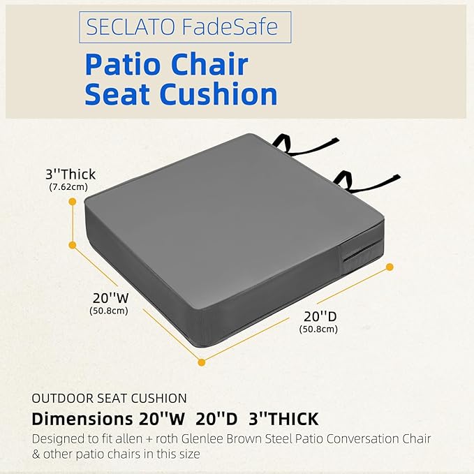 Patio Chair Cushion 20x20x3 Inch Waterproof Outdoor Seat Cushions for Patio Furniture 5-Year Color Fastness Garden Sofa Couch Chair Pads with Handle and Adjustable Straps(2 Pack, Dack Grey