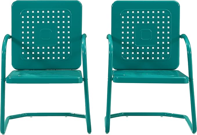 Crosley Furniture Bates 2-Piece Outdoor Chair Set, Retro Metal Patio Chairs for Dining, Porch, Deck, Balcony, Turquoise Gloss