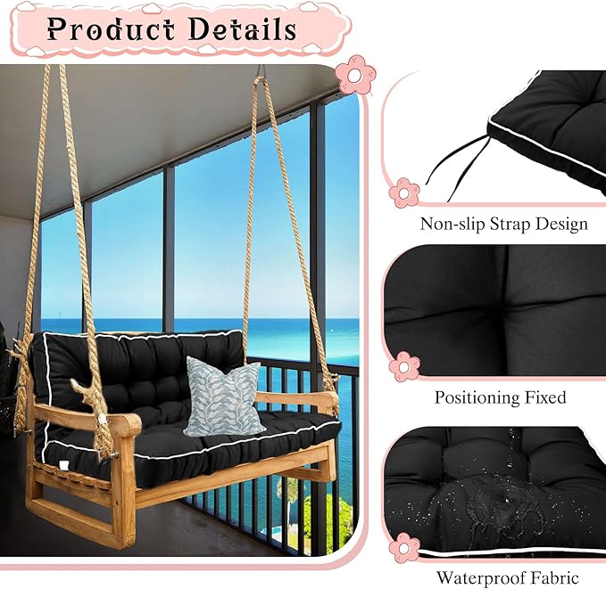 2-3 Seat Swing Replacement Cushion, Outdoor Bench Cushions with Backrest Thicken 4", Patio Furniture Garden Porch Loveseat Glider Pad Anti-Fading Waterproof (Black, 40x55in)