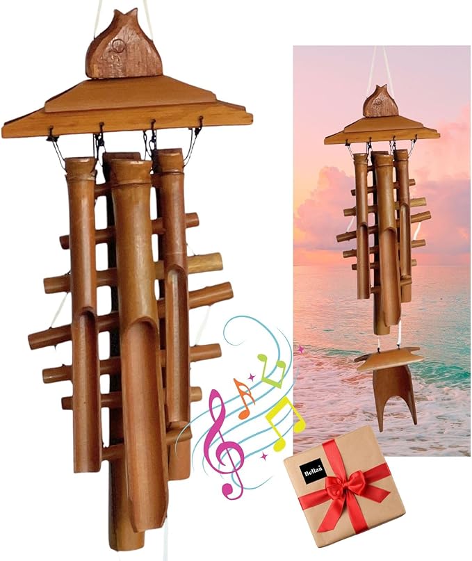 Bellaa 26416 Fish Wind Chimes for Outside, Bamboo, Wood, Brown, 30 Inch, Tuned, Relaxing Sound, Country Style, Handmade, Windchime Outdoor, Garden, Patio, Decor