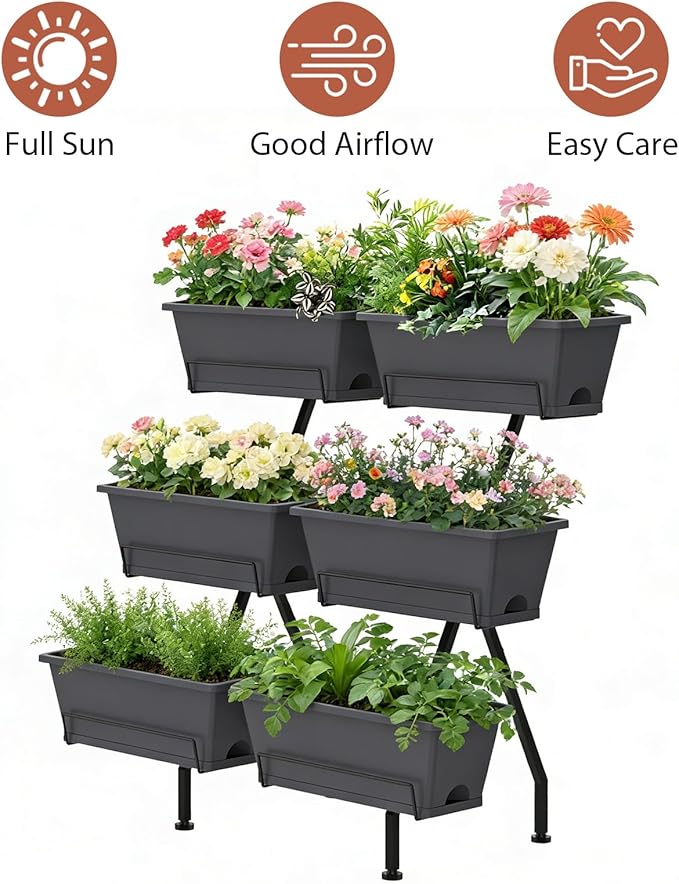 ETELI Vertical Raised Garden Bed 3 Tier Garden Planter Indoor Outdoor Herb Planter with 6 Removable Boxes Standing Garden Planter with Drainage Holes Elevated Raised Bed for Patio Balcony Porch, Grey