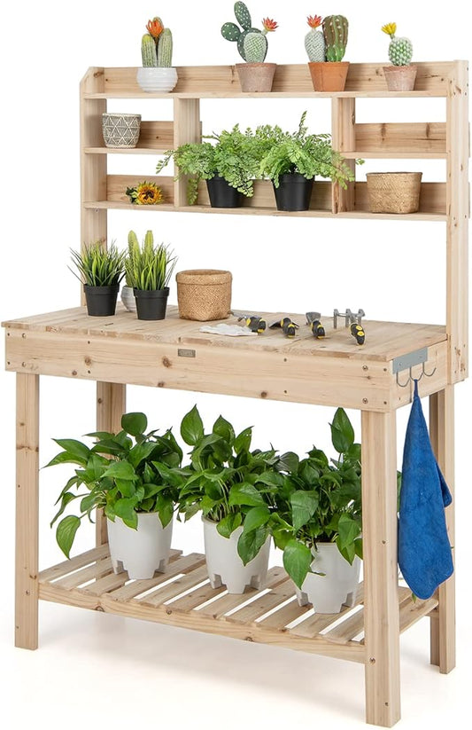 Giantex Garden Potting Bench Table, Large Workbench Table with Shelves, Openable Tabletop Hidden Storage Cabinet, 3 Hooks, Outdoor Wooden Workstation for Patio Garden Garage, 43.5"x19.5"x 60.5"