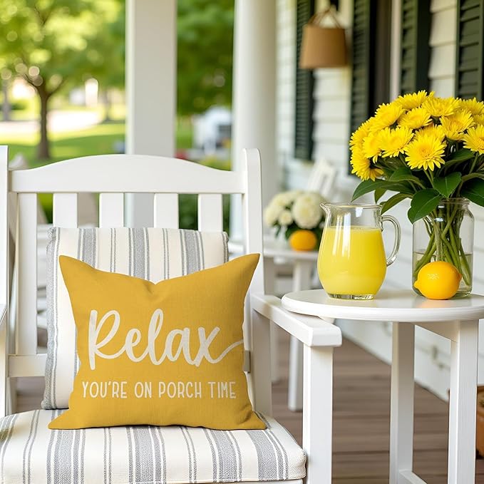 PANDICORN Farmhouse Throw Pillow Covers 18x18 Inch Relax Porch Time Yellow Outdoor Spring Summer Decorations Decorative Cushion Case for Front Porch Patio Couch Sofa Decor