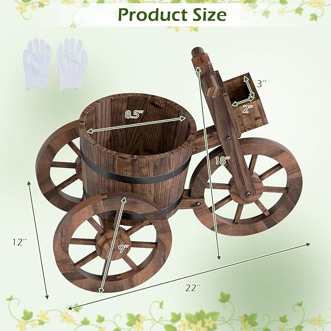 Giantex Wooden Wagon Planter with Wheels, Rustic Wood Plant Stand with Drainage Hole for Flowers Herbs Vegetables, Indoor Outdoor Decorative Garden Flower Cart for Patio Backyard Balcony (2)