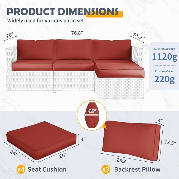 Amopatio Outdoor Sofa Replacement Cushion Set, Waterproof Seat and Back Cushions for Patio Furniture, UV-Resistant and Extra-Thick Cushions, Machine-Washable Covers (Wine)